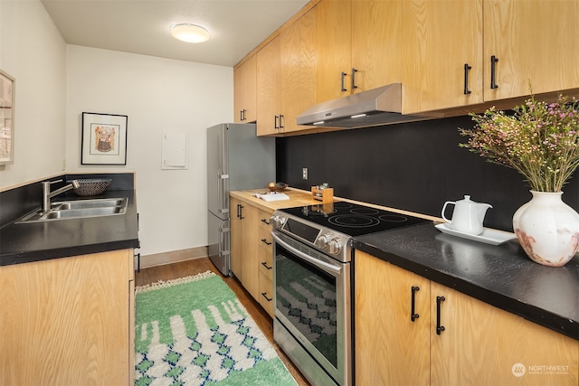 kitchen featuring appliances with stainless steel finishes, wood-type flooring, sink, and light brown cabinets