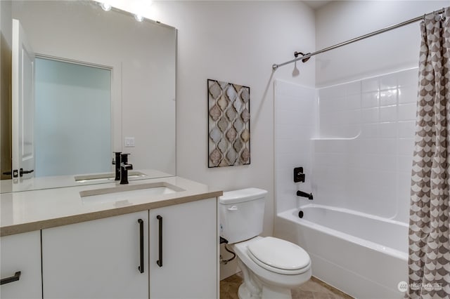 full bathroom featuring vanity, toilet, and shower / bathtub combination with curtain