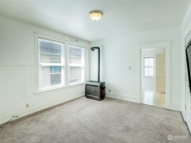 interior space with a wood stove