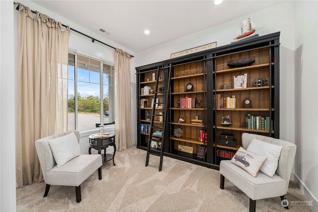 sitting room featuring carpet flooring