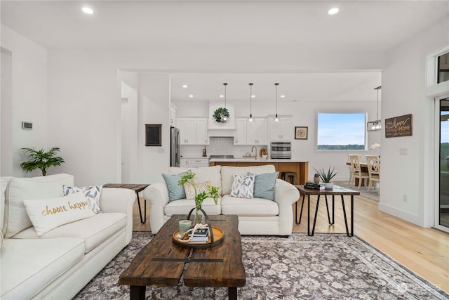 living room with hardwood / wood-style flooring and sink