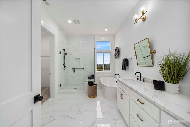 bathroom with vanity and plus walk in shower