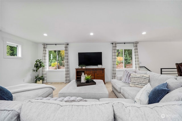 living room with light colored carpet and a wealth of natural light