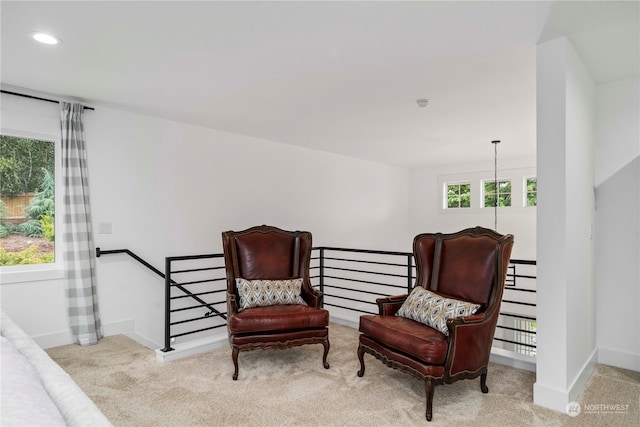 sitting room with light colored carpet