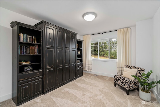 living area with light colored carpet