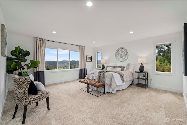 bedroom with light colored carpet