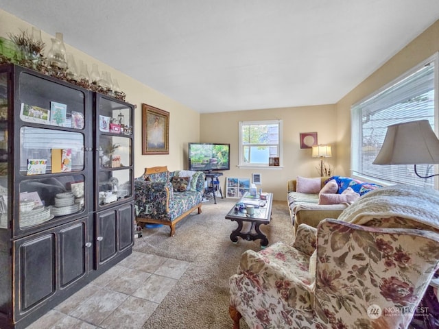 living room with light colored carpet