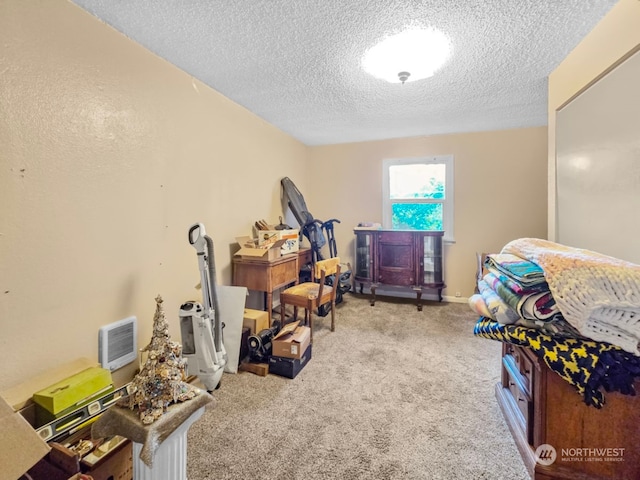 interior space featuring a textured ceiling and light colored carpet