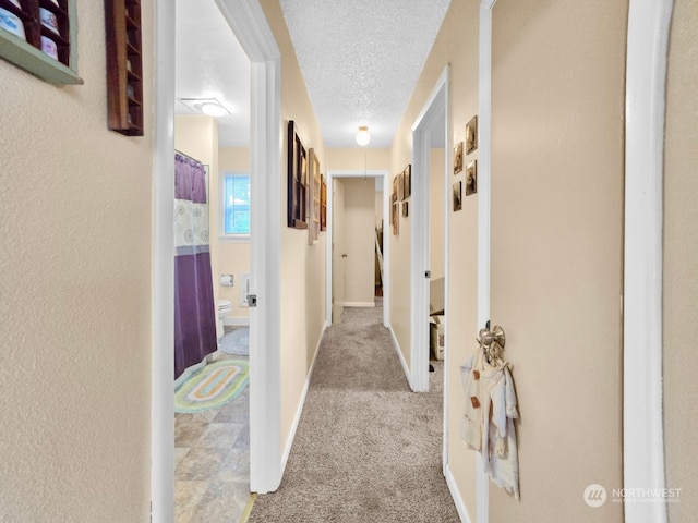 corridor with light carpet and a textured ceiling