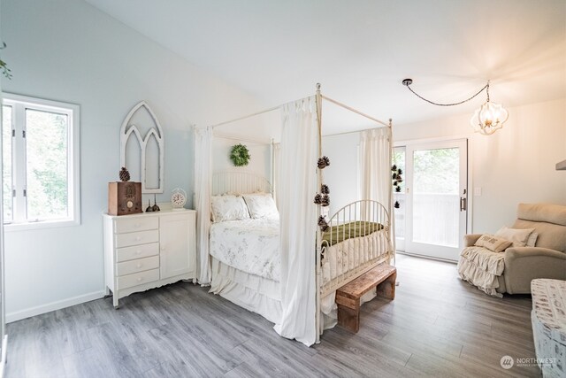 bedroom with hardwood / wood-style flooring, access to outside, and multiple windows