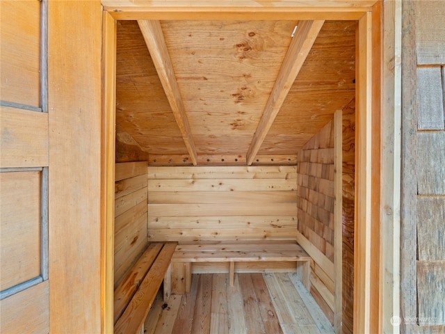 view of sauna featuring wood ceiling and hardwood / wood-style floors