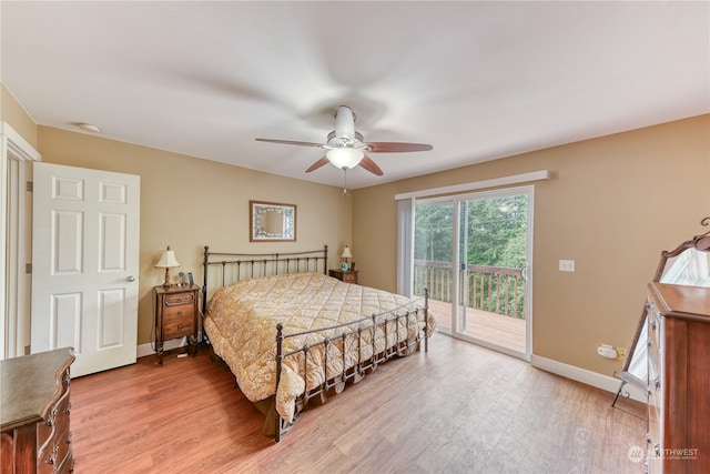 bedroom with access to exterior, ceiling fan, and light hardwood / wood-style flooring