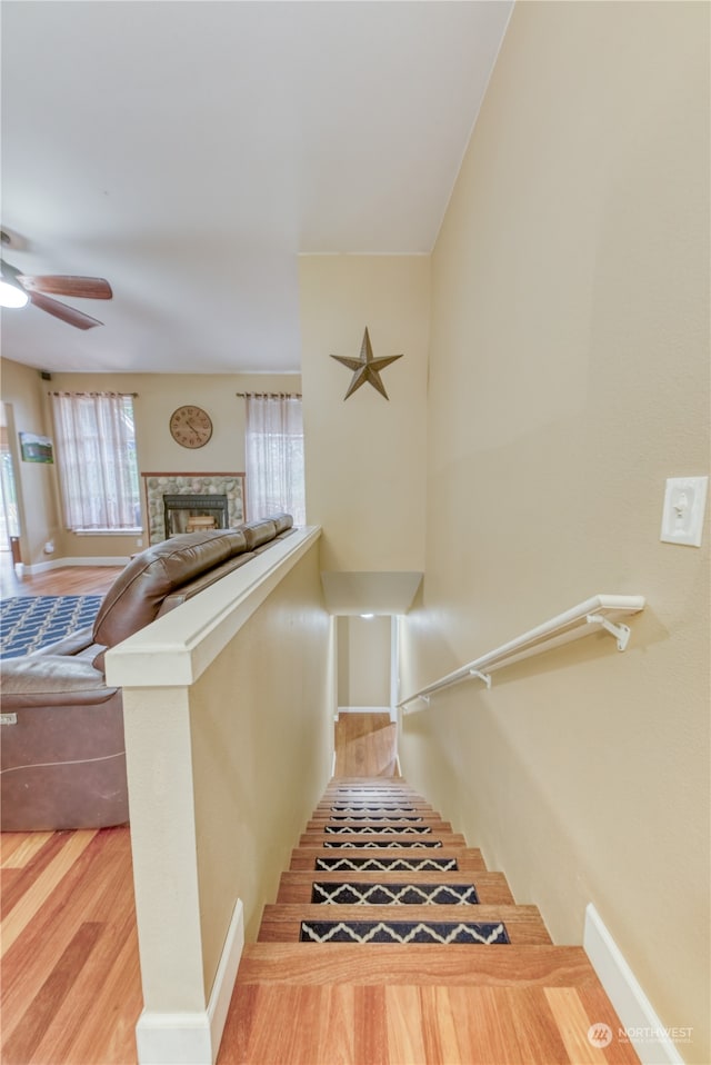 staircase with ceiling fan, a stone fireplace, and hardwood / wood-style floors