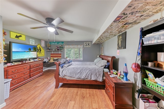 bedroom with ceiling fan and light hardwood / wood-style flooring