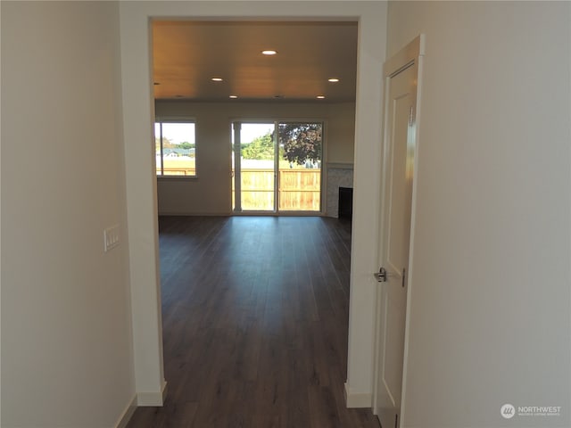 corridor with dark hardwood / wood-style flooring