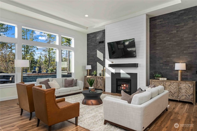 living room featuring a large fireplace and wood-type flooring