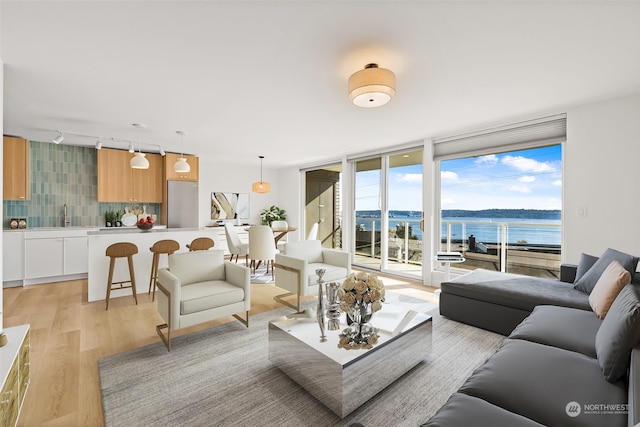 living room with light hardwood / wood-style floors, sink, rail lighting, a water view, and a wall of windows