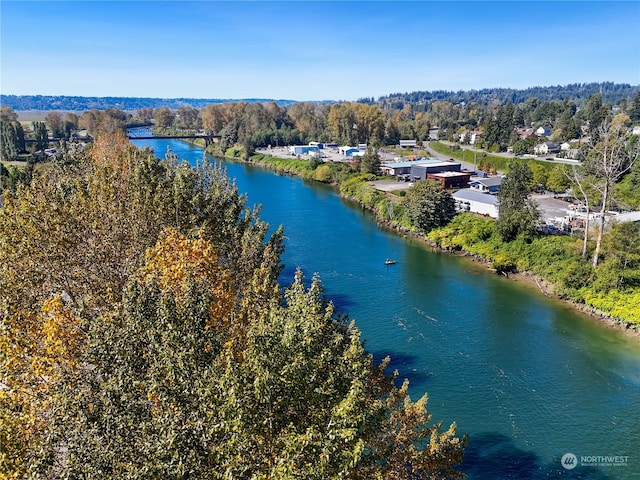 drone / aerial view with a water view