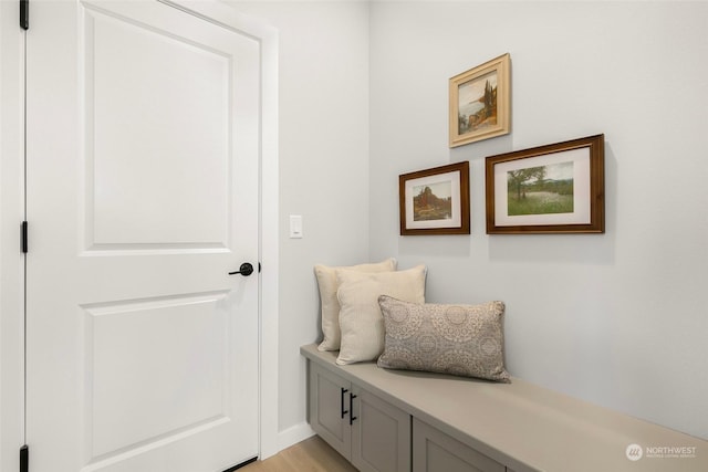 mudroom with light hardwood / wood-style floors