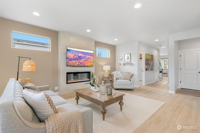 living room featuring a large fireplace and light wood-type flooring