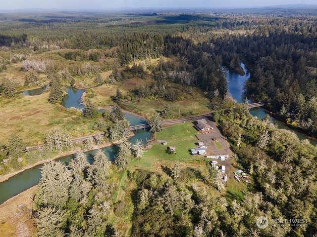 aerial view featuring a water view