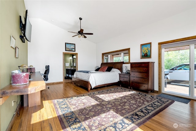 bedroom with access to outside, hardwood / wood-style flooring, high vaulted ceiling, and ceiling fan