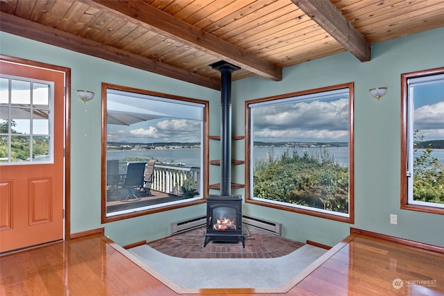 3224 SW Scenic Heights St, Oak Harbor, WA 98277 - detailed view of a wood stove, a baseboard heating unit, wood finished floors, and wooden ceiling with exposed beams