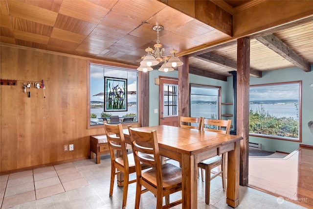 3224 SW Scenic Heights St, Oak Harbor, WA 98277 - dining space featuring wood ceiling with exposed beams, a chandelier, wooden walls, baseboards, and light tile patterned flooring