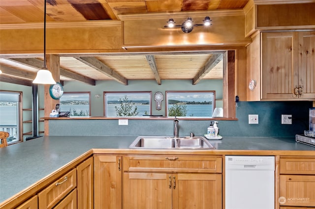 3224 SW Scenic Heights St, Oak Harbor, WA 98277 - kitchen featuring white dishwasher, a sink, wood ceiling with exposed beams, light brown cabinetry, and hanging light fixtures