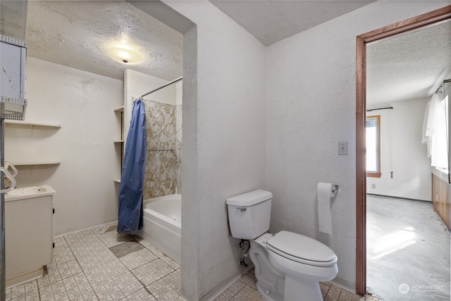 full bathroom with a textured ceiling, vanity, toilet, and shower / bath combination with curtain