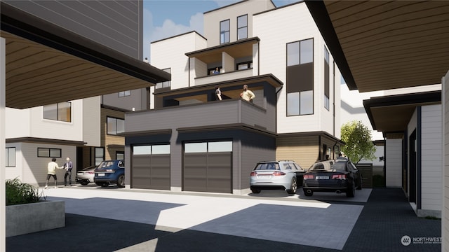 exterior space featuring a balcony and a garage