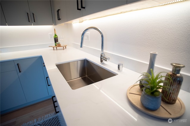 room details featuring sink and blue cabinetry