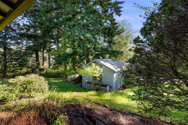 view of yard featuring a storage shed