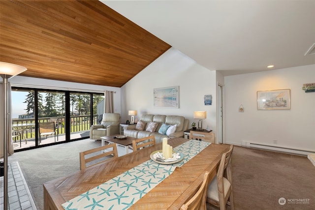 dining room with lofted ceiling, carpet, wood ceiling, and a baseboard heating unit