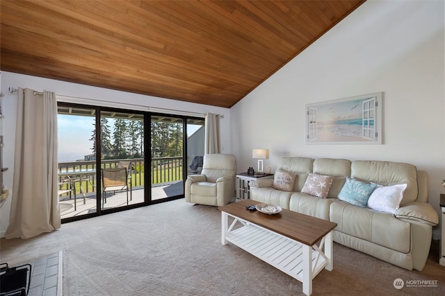 living room with wood ceiling, high vaulted ceiling, and carpet flooring