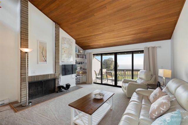 carpeted living room featuring wood ceiling, lofted ceiling, and a brick fireplace