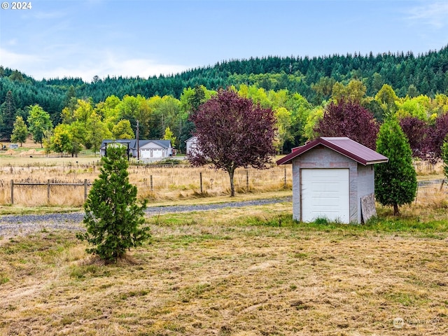 view of yard with a shed and a rural view