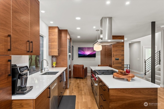 kitchen featuring light hardwood / wood-style floors, plenty of natural light, sink, island range hood, and appliances with stainless steel finishes