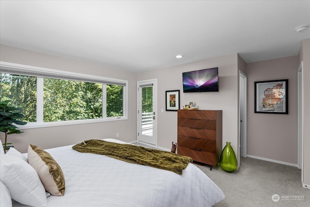 bedroom featuring light carpet and access to exterior