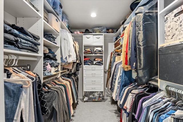 spacious closet featuring light colored carpet