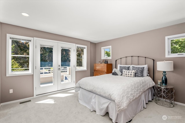 bedroom featuring multiple windows, access to outside, and carpet floors