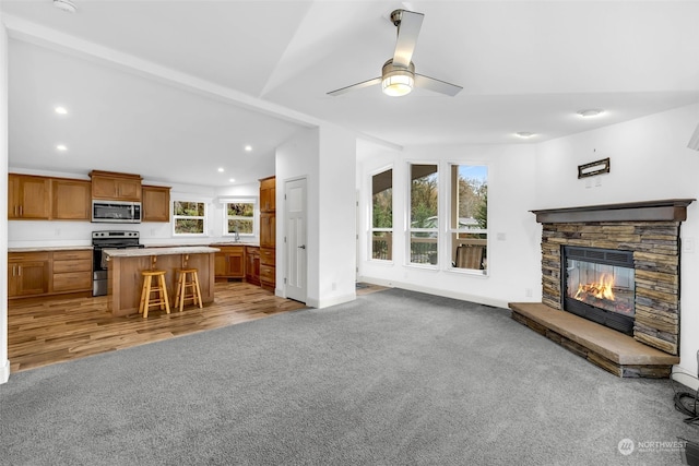 living room with a healthy amount of sunlight, vaulted ceiling, a fireplace, and light hardwood / wood-style flooring