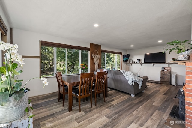 dining area featuring a textured ceiling and hardwood / wood-style floors