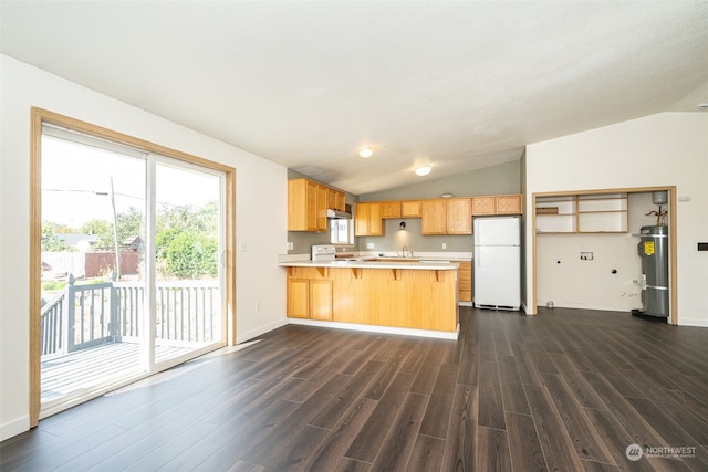 kitchen featuring water heater, dark wood-type flooring, white appliances, kitchen peninsula, and lofted ceiling