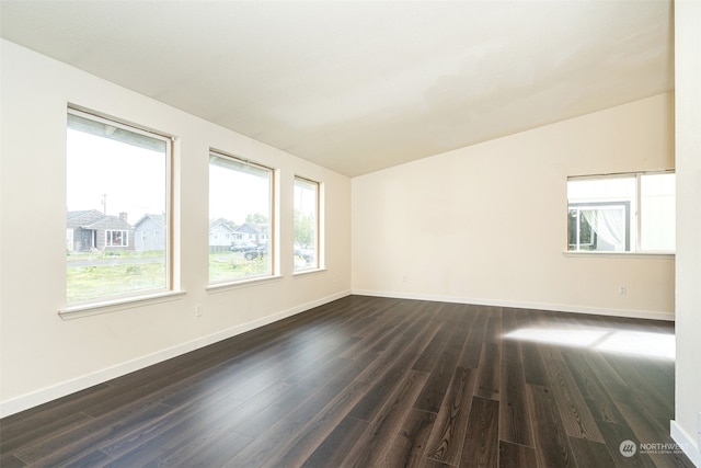 empty room featuring vaulted ceiling and dark wood-type flooring