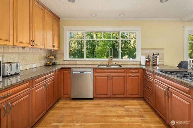 kitchen featuring decorative backsplash, light hardwood / wood-style floors, dark stone countertops, stainless steel appliances, and sink