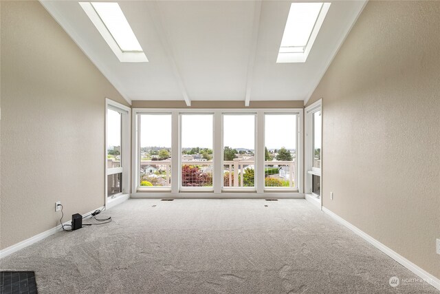 spare room featuring a skylight, light colored carpet, and a healthy amount of sunlight