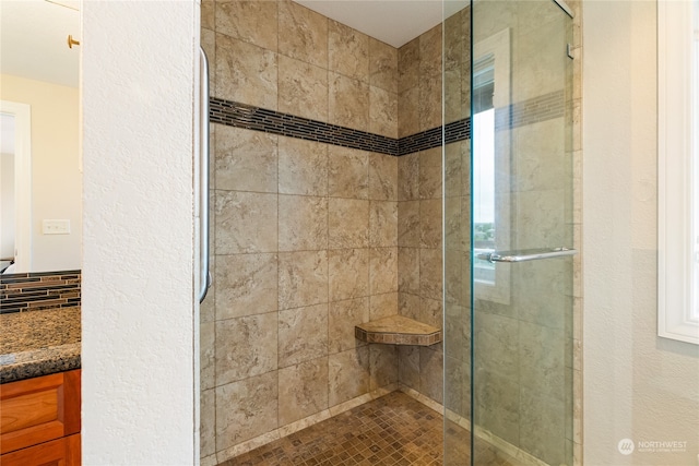 bathroom featuring walk in shower and vanity