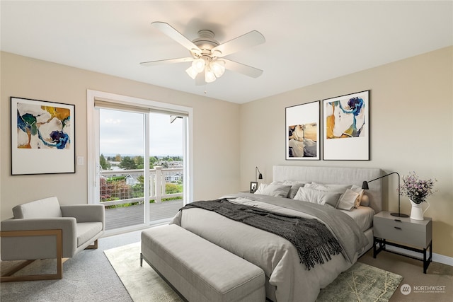 carpeted bedroom featuring ceiling fan and access to exterior