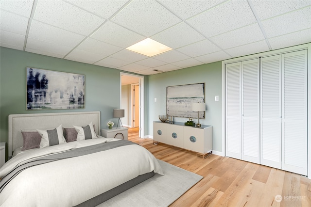 bedroom with hardwood / wood-style flooring, a closet, and a paneled ceiling